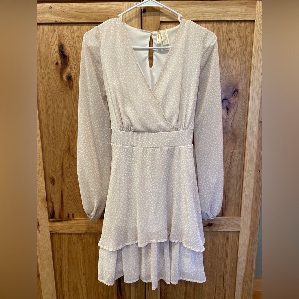 Japna Light Tan Animal Leopard Print Long Sleeve Tiered Mini Dress